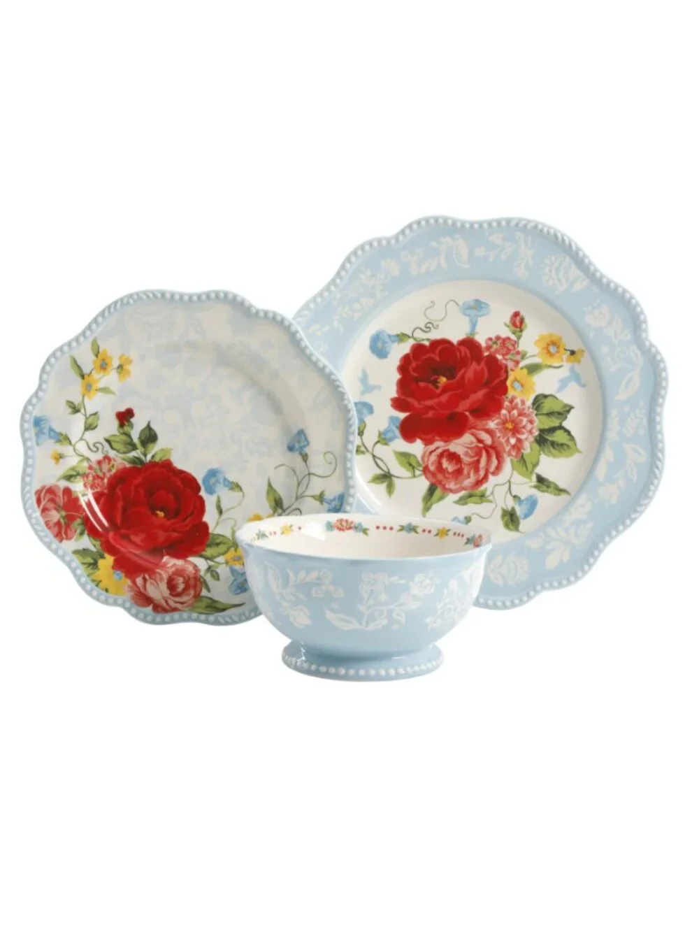 The Pioneer Woman Home Blue & Red Sweet Rose 12-Piece Floral Dinnerware Set